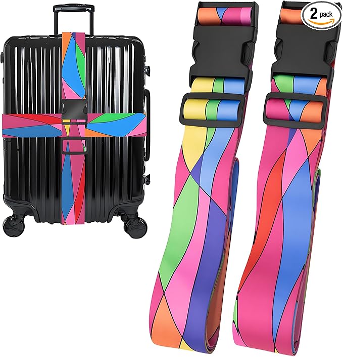 Colorful Luggage Straps for Suitcases, Adjustable Luggage Travel Belts to Keep Luggage Security While Travel, Strong Polyester Fabric, Easy-to-Recognize Stylish Design Travel Accessories, 2 Pack