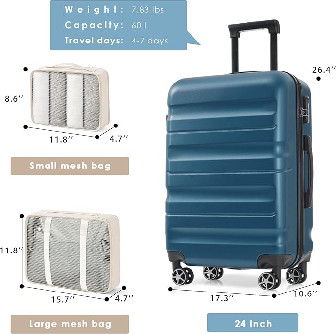 Merax 24 Inch Luggage Set Hardshell ABS Medium Suitcase with Spinner Wheels 2 Packing Cubes Lightweight Travel Luggage for Weekend Getaways Long Vacations Ink Blue
