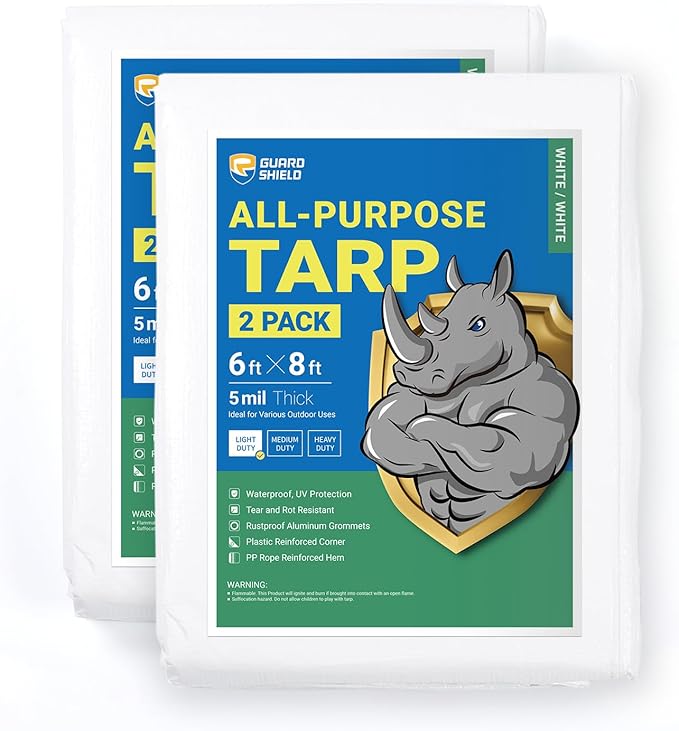 GUARD SHIELD Tarp White 6x8 Feet Multi Purpose Waterproof Poly Tarp Cover 5mil (2-Pack)