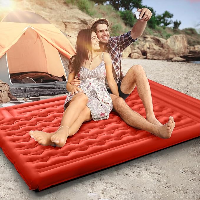 Double Sleeping Pad Camping, Self Inflating 6'' Extra-Thick 2 Person Pillow Built-in Foot Pump Waterproof Inflatable Sleeping Mat Backpacking, Tent, Hiking, Portable Camping Pad (Orange-Black)
