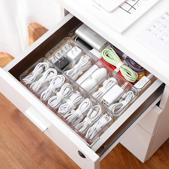 Yesesion 4 Pack Cord Organizer Box with 40pcs Wire Ties, Plastic Charger Storage Case with Adjustable Dividers for Desk Drawer, Home Office Supplies, Stationery, Data Cable, USB, Battery Holder