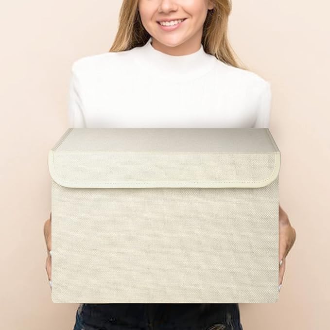 Large 22 Quart [4-Pack] Linen Fabric Foldable Storage Bin Cube Organizer Basket with Flip-Top Lid & Handles, Clothes Blanket Box for Home, Office, Closet (14.6 x 9.5 x 9.5, Beige)