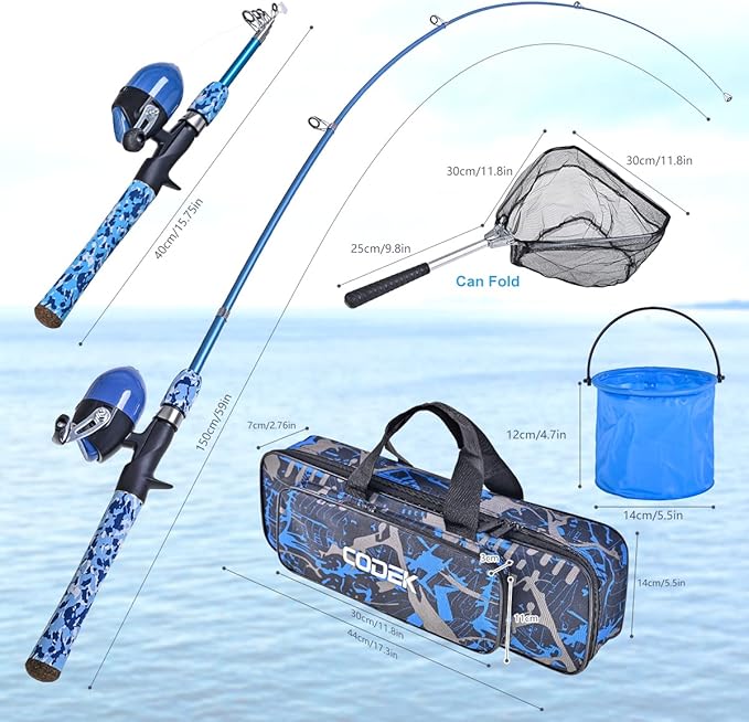 CODEK Kids Fishing Pole Set with Full Starter Kits 2 Set Portable Telescopic Fishing Rod and Reel Cambos for Boys Girls Toddler Youth Age Beginner Little Children Junior Anglers