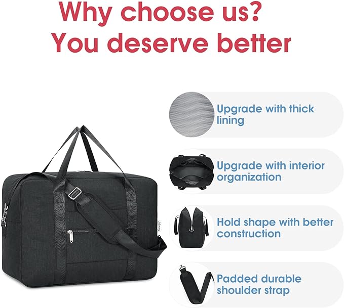 For Spirit Airlines Personal Item Bag 18x14x8 Foldable Travel Duffel Bag Underseat Carry on Luggage for Women and Men 30L (Black)