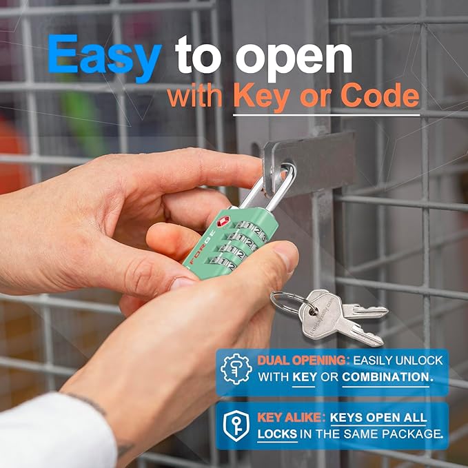 Forge Dual-Opening: Key or Combination Access Lock, TSA Approved Locks for Luggage, Pelican case, Travel, Gym, School, Stainless Steel Shackle. (Green, 4 Pk)