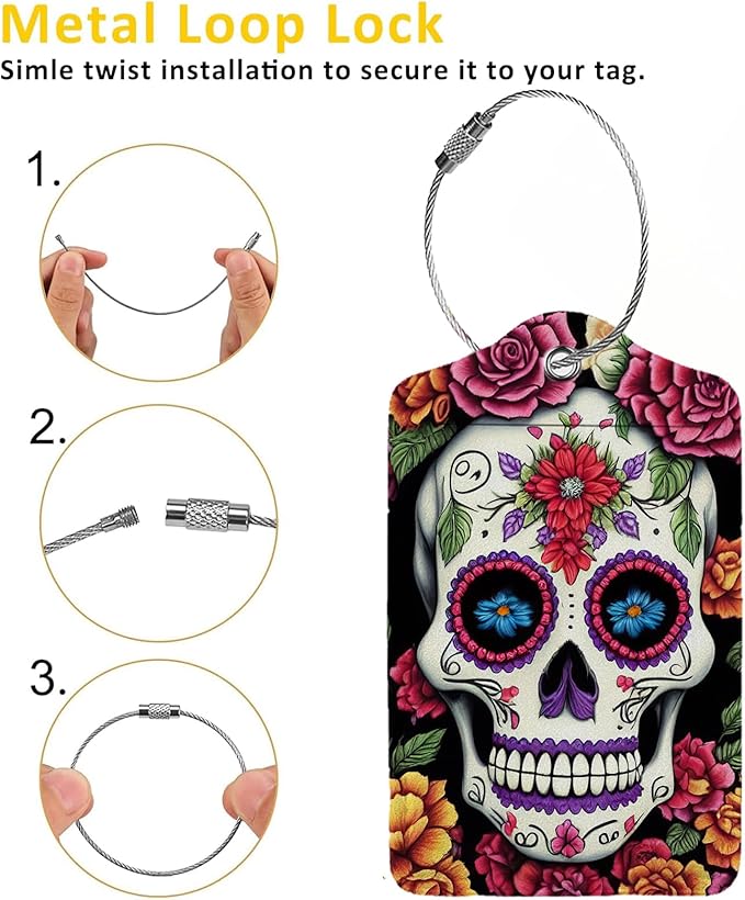 Skull Flower Diamond Art Luggage Tags for Suitcases,2 Pack Luggage Tag, Leather Stainless Steel Loop Label Tag for Women Girl Travel Bag Suitcase