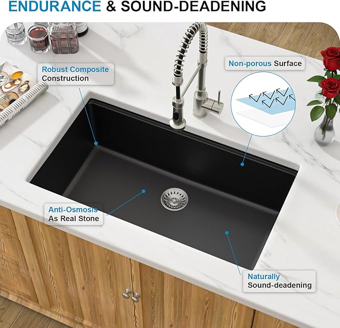 32 Granite Composite Kitchen Sink - Donsdey 32 Inch Black Kitchen Sink Undermount Granite Quartz Composite Ledge Workstation Matte Black Under Counter Single Bowl Sink Basin