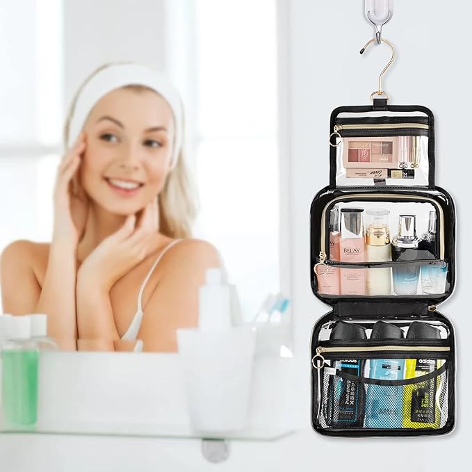 Toiletry Bag for Men, Clear Hanging Toiletries Bag for Travelling, Transparent Makeup Bag Organizer Portable Skincare Cosmetic Pouch for Women, 3 Compartment