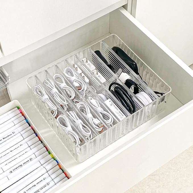 Yesesion Clear Cord Organizer Box for Desk Drawer, Plastic Cable Storage Container with Adjustable Compartments and Wire Ties for Phone Charger, Battery, Art Crafts, Electronics Accessories Case