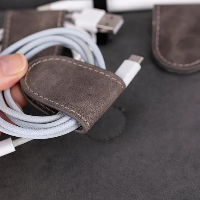 Medicine Handmade Leather Cable Organizer Bag – Full-Grain Leather Travel Tech Case for Cords, Chargers & Accessories – Zippered Storage for Men & Women (Gray)
