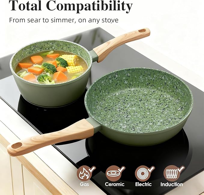 3-Piece Nonstick Pots and Pans Set with Lids, Includes 10.25 Inch Frying Pan 1.5Qt Saucepan and 2.2Qt Stock Pot, PFOA Free Dishwasher Safe Induction Compatible Family Cookware, Green