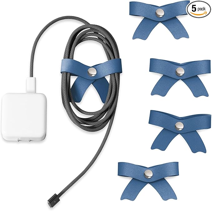 SenseAGE 5 Pack Cord Organizer, Bow Cord Keeper, Cable Organizer USB Holder, Leather Cable Management, Cable Straps, Earphone Winder, Storage Straps for Electronics, Earbuds, Big, Random Blue