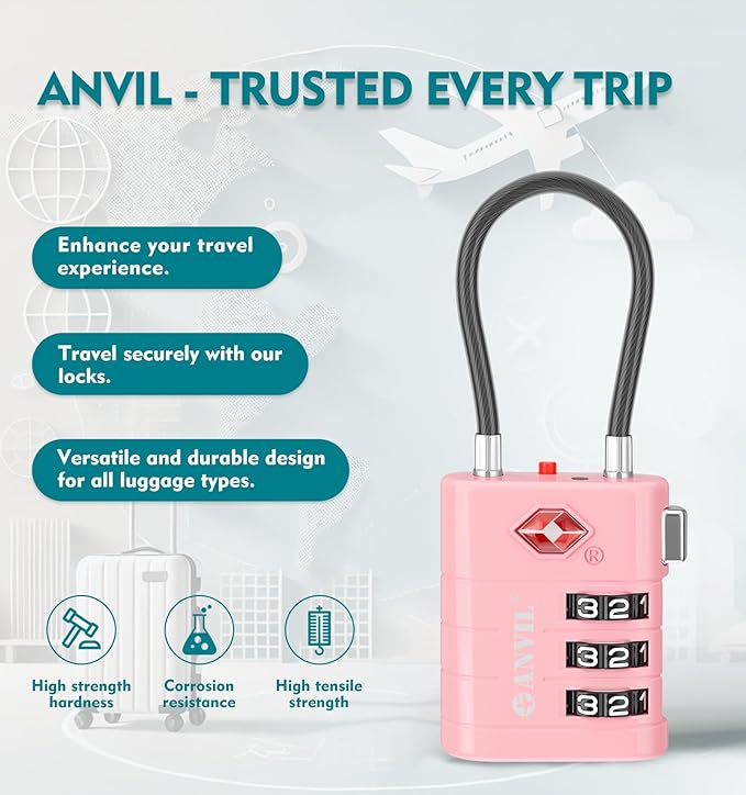 ANVIL TSA Approved Luggage Locks – High Security TSA008 Combination Travel Locks with Inspection Indicator for Suitcases and Backpacks. (4, Pink)
