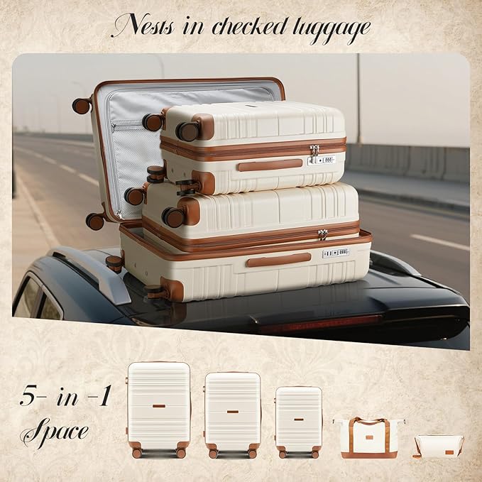 Luggage Sets with spinner wheels, PC+ABS Hard Shell Travel Luggage,Lightweight Carry-on suitcases with TSA Lock,YKK Zippers (Beige, 5 piece sets(20/24/28/DB/TB))