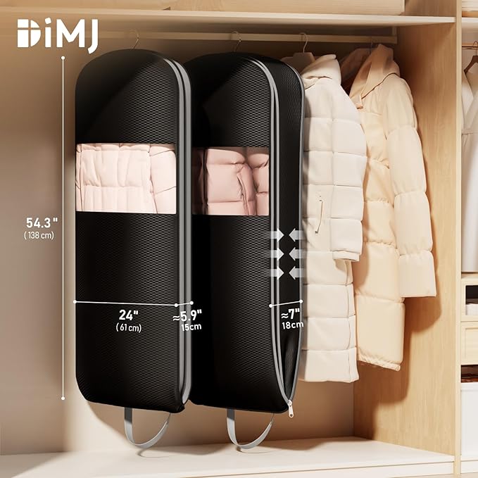 DIMJ 3 Pack 54" Garment Bags for Hanging Clothes - Space Saving Compression Suit Bag Travel with Handles Window, Washable Carry Clothing Storage Cover for Dress, Coats, Down Jacket, Shirts