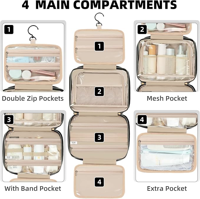 BAGAIL Hanging Toiletry Bag for Women Water-resistant Cosmetic Bag Large Capacity Travel Makeup Organizer for Full-Sized Travel Essentials(Standard, Black)