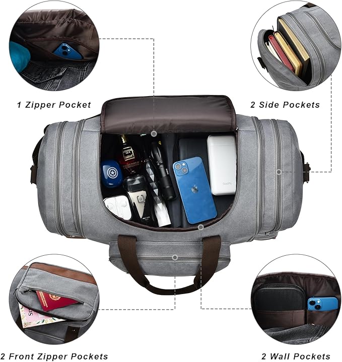 Litvyak Duffle Bag for Travel, 50L Canvas Travel Duffel Bags Overnight Weekend Gym Carry on Luggage Bag for Men & Women(Grey)
