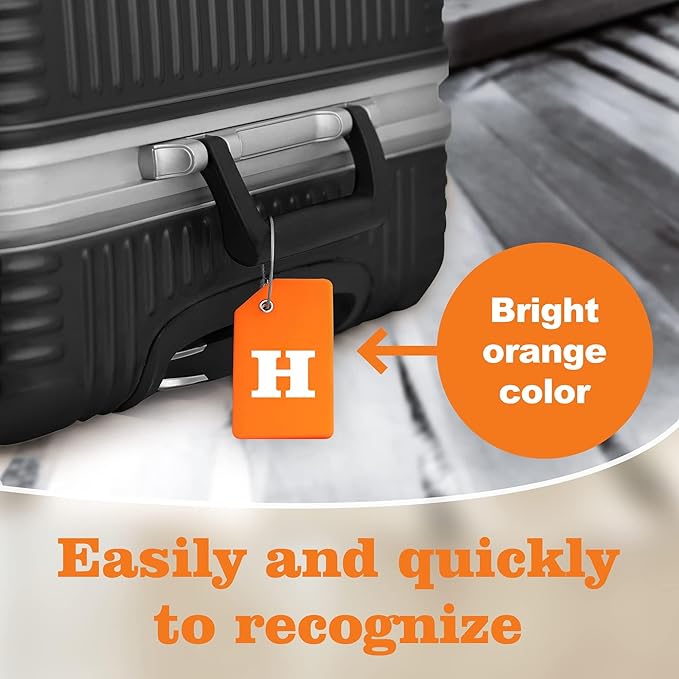 8 Pcs Luggage Tags for Suitcases, 26 Initial Letter Travel Luggage Baggage Identification Labels ID Tags Fully Bendable Tags with Stainless Steel Loop (Letter H, Orange)