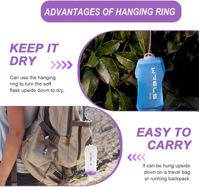 200ml/350ml/500ml Collapsible Soft Flask,BPA Free Folding Soft Water Bottle with Hanging Ring,Lightweight TPU Hydration Flask for Running Marathon Cycling Hiking(350ml-2 Packs)