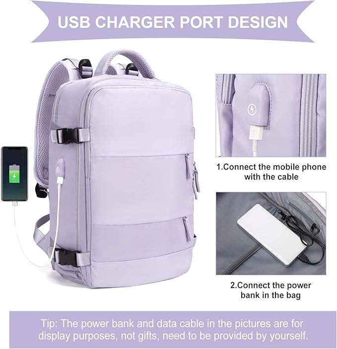 coowoz Large Travel Backpack For Women Men,Carry On Flight Approved,Hiking Waterproof Outdoor Sports Rucksack Casual Daypack Fit 15.6 Inch Laptop Shoes Compartment (Purple)