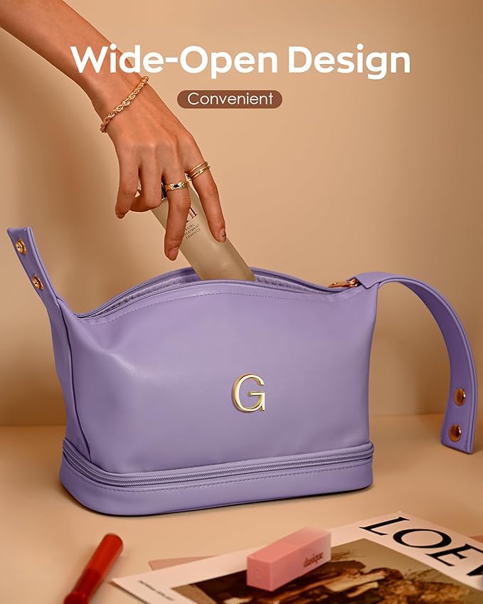 Engagement Gifts, Initial Large Makeup Bag, Personalized Double Layer Cosmetic Bag with Makeup Brush Organizer, Waterproof, Large Capacity PU Leather Travel Toiletry Bag