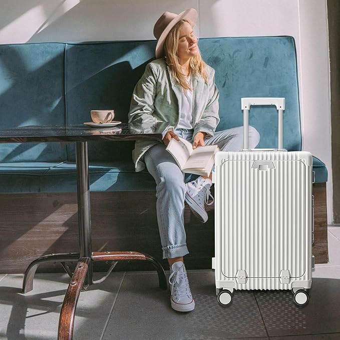 feilario 20in Aluminium Frame PC Hard Shell Spinner Wheels Luggage, Built-In TSA lock Carry on Suitcase, with Cup Holder, USB Port, Phone Holder