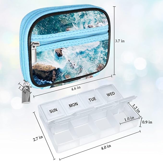 Serfeymi Weekly Travel Pill Organizer Pill Case for Purse with Removable 7 Day Pill Box, Fashionable Travel Medicine Organizer Pill Container for Medicine, Vitamin - Blue 03