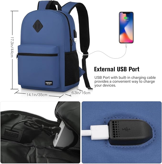 School Backpack,Classic Bookbag Men and Teen Boy Schoolbag with USB Charging Port for High School College Office Work Travel