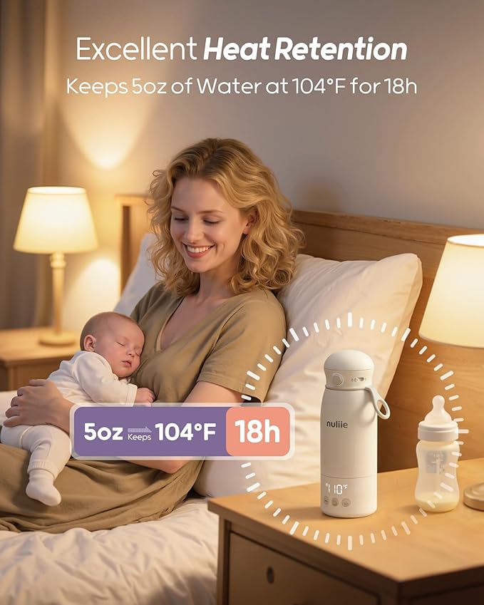 Nuliie Portable Milk Warmer for Travel, Double Leak‑Proof, Heating Milk & Water Faster, Cordless Bottle Warmer with Fast Charging, Anti-Dry & Anti-Burn Protection for All Day Needs, 17oz