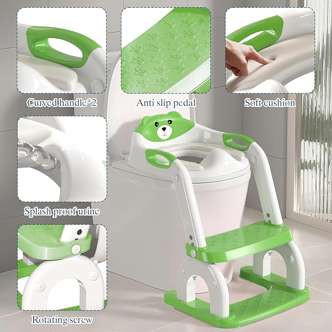 Potty Training Seat for Toddlers, Adjustable Height 2-in-1 Potty Training Toilet Ladder for Kids Boys Girls with Splash Guard, Waterproof Cushion, Anti-Slip Pad Step Stoo - Green