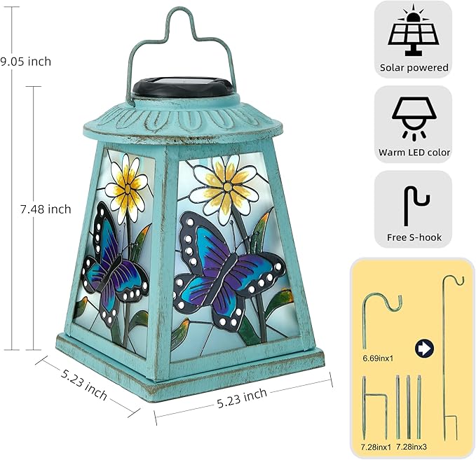 Butterfly Solar Lantern with Shepherd Hook, Outdoor Hanging Metal LED Garden Light Waterproof for Patio Yard Pathway, Unique Butterfly Lantern Decor and Meaningful Garden Gift for Mom Grandma Women