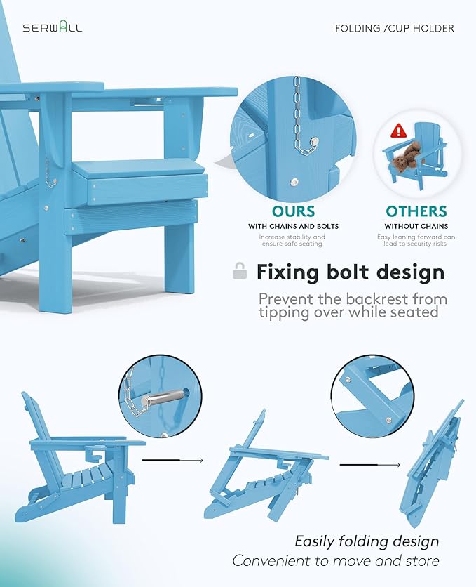 SERWALL Adirondack Chair with Cup Holders - Composite Adirondack Chairs Set of 6 HDPE Outdoor Chairs All Weather Use- Light Blue