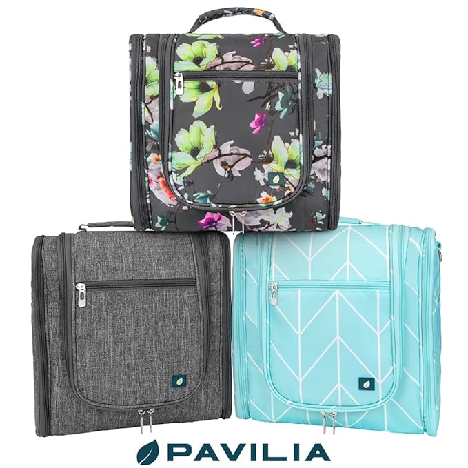 PAVILIA Extra Large Toiletry Bag Travel Bag for Women Men, Hanging Cosmetic Organizer, Water Resistant Makeup Bag for Accessories Toiletries, Travel Essentials Kit (Grey)