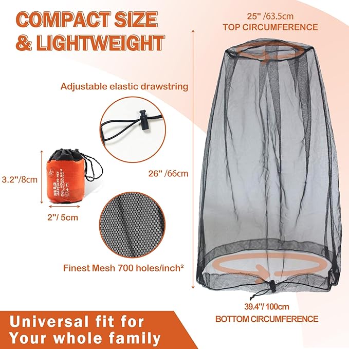 Mosquito Head Net for Insect, 2 Pack, Ultra-Fine Mesh, Fly Bug Mosquito Net Hat, Black, Large Coverage for Camping, Hiking, Fishing, Gardening, Safari, Fits All Hats for Adults