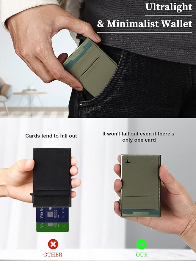 Slim Wallet for Men,Pop Up Credit Card Wallet Aluminum Minimalist RFID Blocking Smart Card Holder with Cash Slot for Front Pocket,6-12 Card Capacity, Green