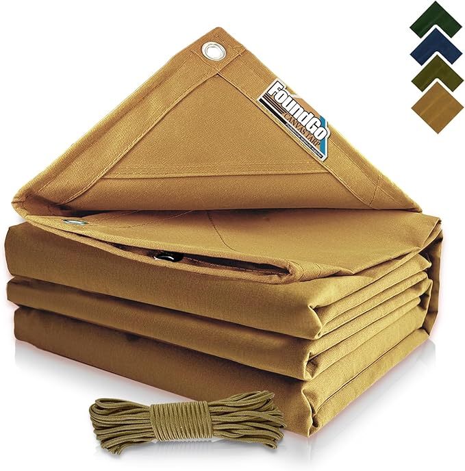 FoundGo 12x16ft Canvas Tarp 22 Mil Tarps 14 oz Canvas Tarpaulin Heavy Duty Cloth Water/UV Resistant Cover with Rustproof Grommets & Ropes for Cars,Roofs,Boats,Camps,Sunshades，Moisture Barrier -Tan