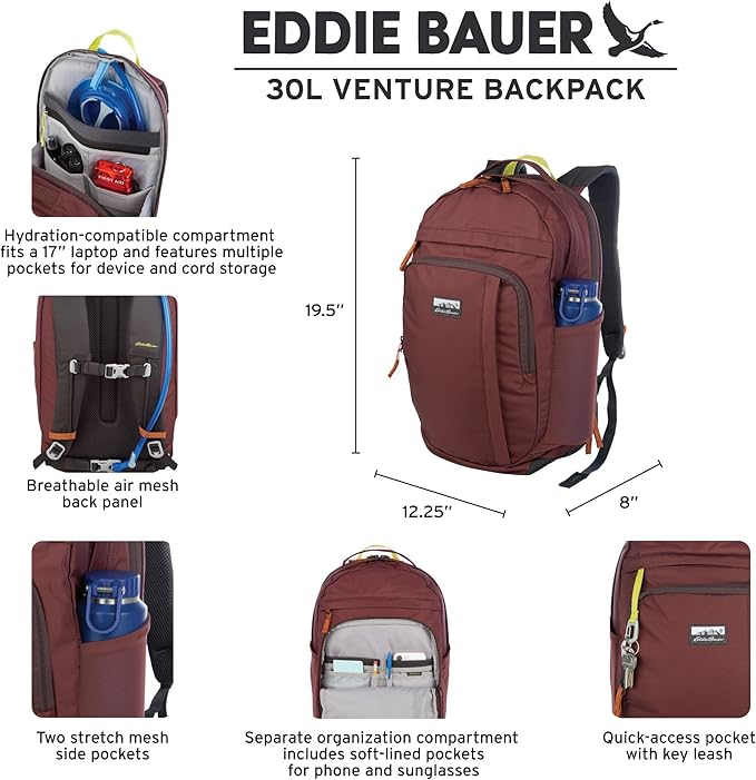 Eddie Bauer 30L Venture Backpack, Hydration and Laptop Compatible Daypack, Carbon Black