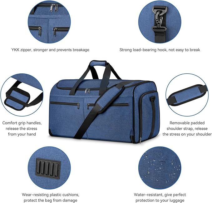 Large Garment Bag for Travel, Bukere Convertible Suit Travel Garment Duffel Bag for Men Women Business, Shoe Compartment, Detachable Shoulder Strap, Multi-Function 2 in 1 Weekender Bag, Blue