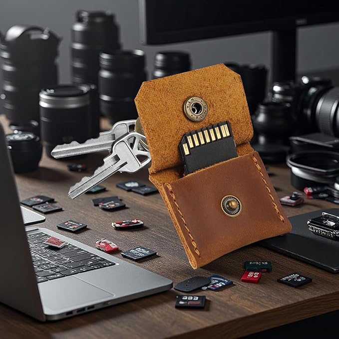 Jack&Chris Genuine Leather SD Card Holder Keychain, Anti-Shock Anti-Dust SD Card Case, Portable Camera Accessories for SD CF CFexpress Micro SD Nano SIM and Micro SIM Cards, Brown