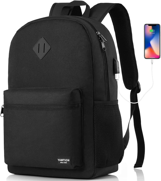 Black Backpack for Women Men,Casual School Backpack Teen Boys and Girls 15.6 Inch Laptop Bookbag with USB Charger for College High School Travel Business