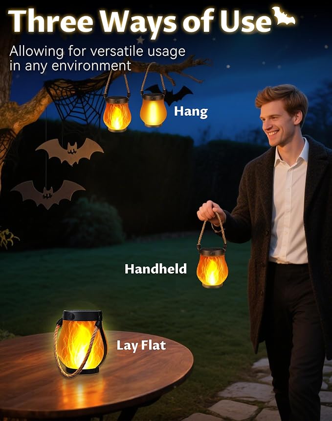 Kaliqo Solar Lantern Outdoor Lights - Official, Waterproof Kaliqo Solar Flame Lights Hangable with Dancing Flame, Hemp Rope Hanging Flame Lanterns,Dual Charging Modes, Smokeless (2pcs)