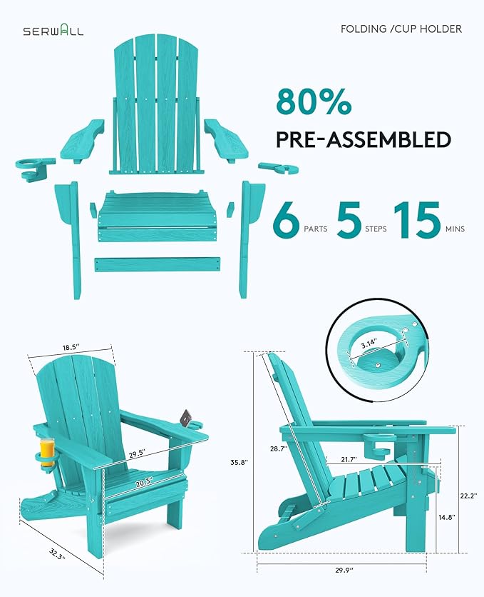 SERWALL Adirondack Chair with Cup Holders - Composite Adirondack Chairs Set of 6 HDPE Outdoor Chairs All Weather Use- Aruba