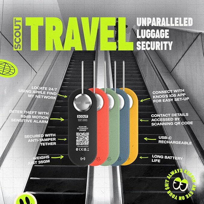 Knog Scout iOS Smart Tag, Tracker & 85d Alarm – Rechargeable Luggage Tag Compatible with iOS App & Apple Find My, Digital Contact Info, Remote Chime, Low Battery Alerts, Water-Resistant, Green