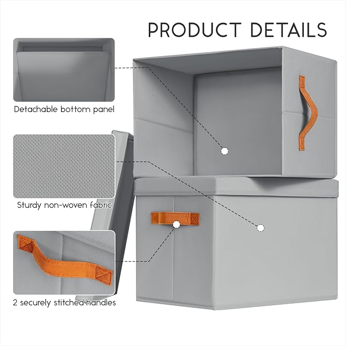 Storage Bins with Lids - Fabric Storage Baskets for Shelves, 6 Pack Foldable Decorative Boxes with Handles, Stackable Organizer Bins for Home, Nursery, Dorm, Grey