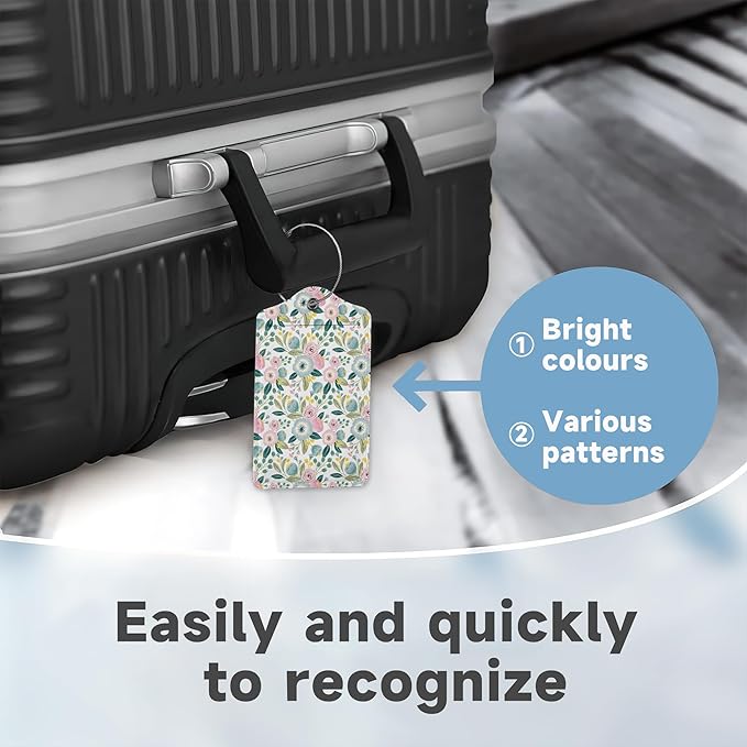 Set of 2 Luggage Tags for Suitcases, Leather Groovy Flower Baggage Tags with Stainless Steel Loop, Privacy Name ID Card Cover Kawaii Travel Labels for Women Men Kids Girls