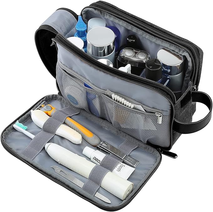 BAGSMART Toiletry Bag for Men, Canvas Travel Toiletry Organizer Dopp Kit Water-resistant Shaving Bag for Toiletries Accessories,Black-Medium
