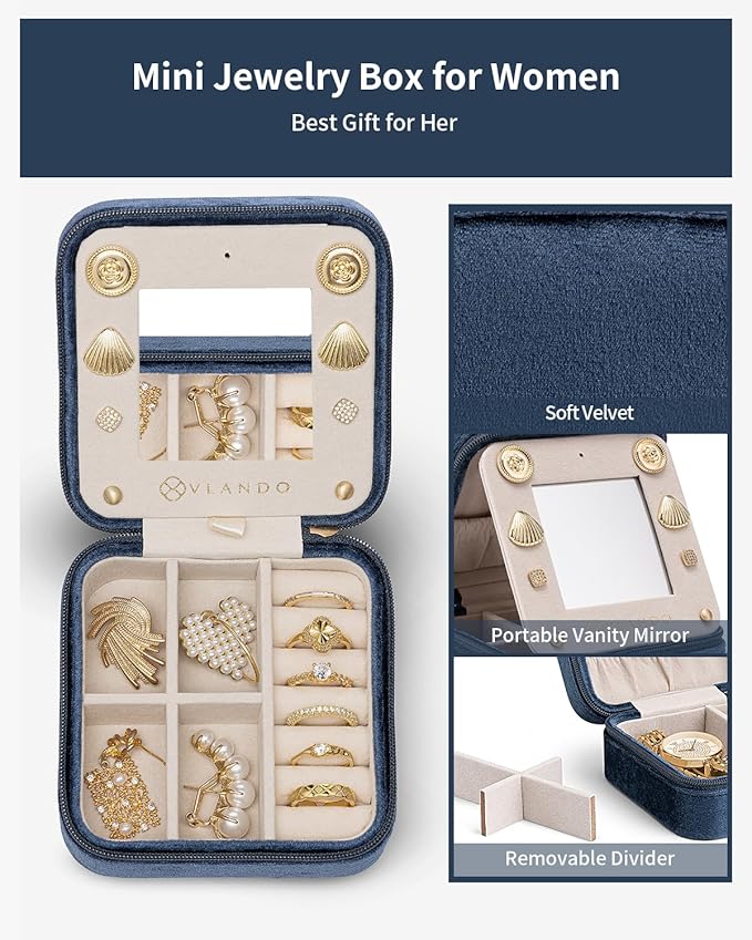 Vlando Velvet Jewelry Case, Travel Box for Women, Portable Organizer With Mirror - Small, Dark Blue