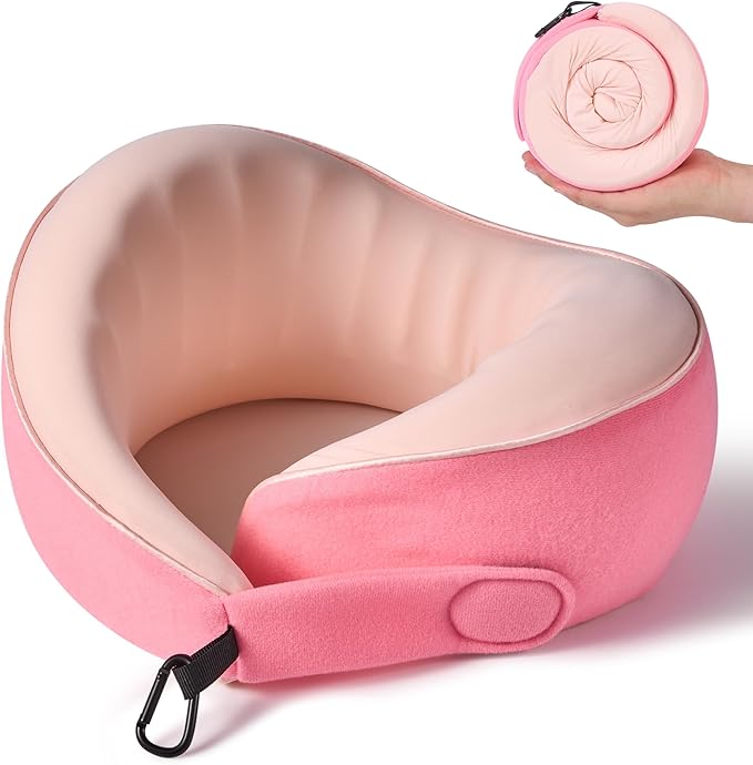 Travel Pillow, 100% Pure Memory Foam Travel Neck Pillow Airplane Neck Support Ergonomic Design for Traveling Suitable for Airplanes,Offices and Cars (Pink)
