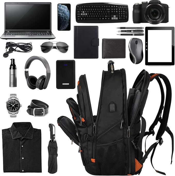 18.4 Laptop Backpack Women Men, 55L-60L Flight Approved Extra Large Travel Backpack RFID Anti Theft and TSA Friendly Backpack, Water Resistant College School Heavy Duty With USB Charging Port, Orange
