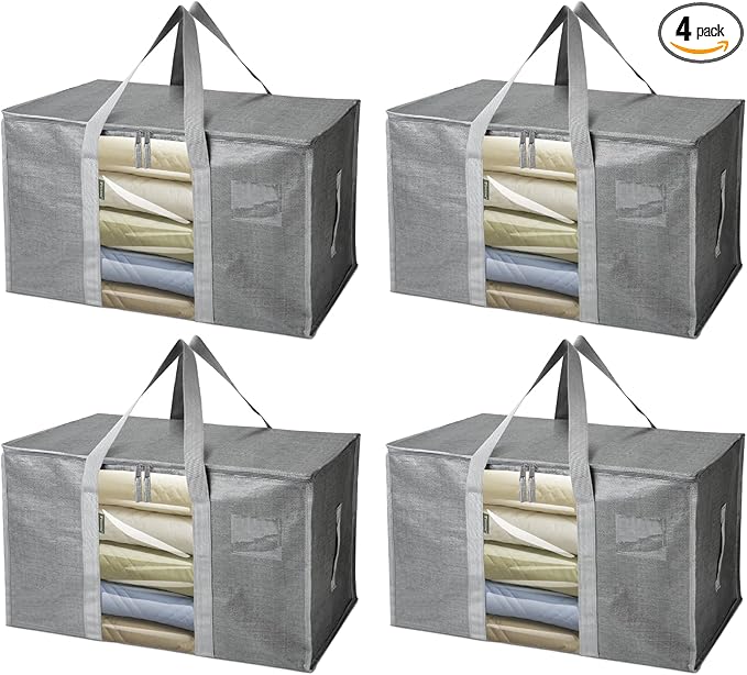 BALEINE 4-Pack Oversized Moving Bags with Reinforced Handles, Heavy-Duty Storage Tote for Clothes, Moving Supplies (Grey with Window, 4 Pack)